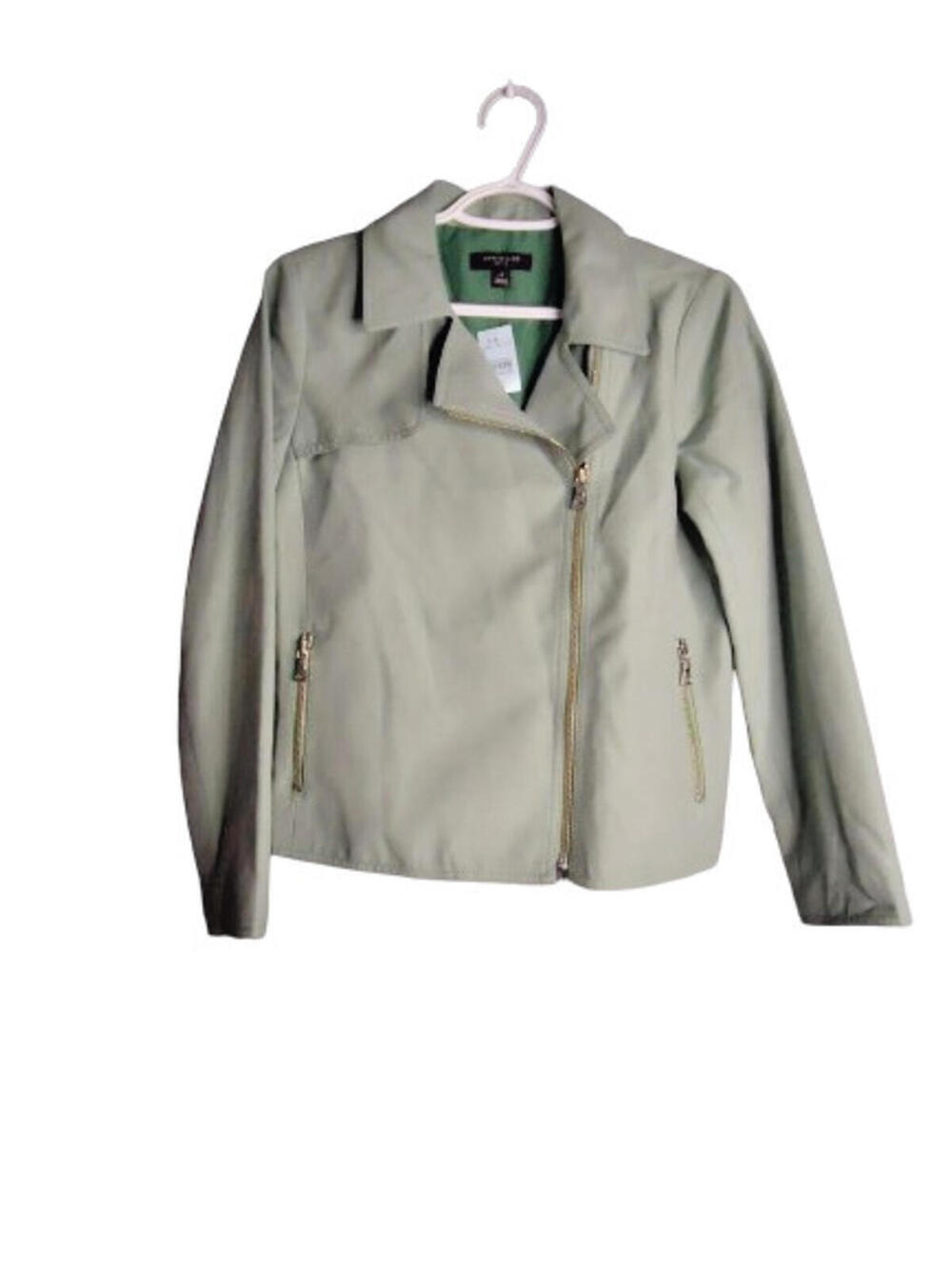 Ann Taylor Asymmetrical Zip Moto Hipster Jacket Womens 4P Petite Olive Green